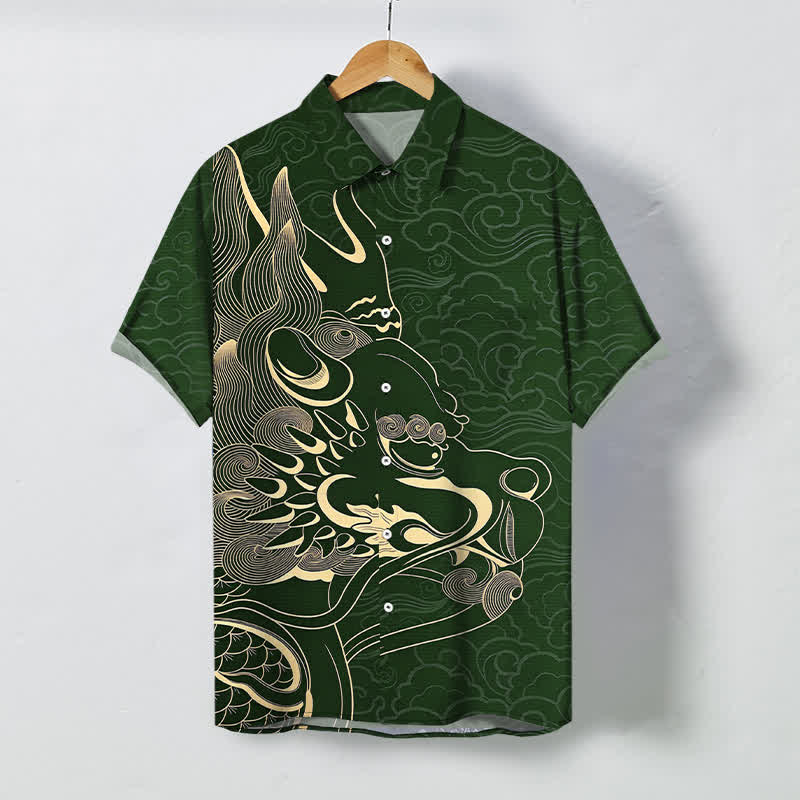 Buddha Stones Koszula męska z krótkim rękawem, odporna na zagniecenia, z guzikami w kształcie chmurki ze złotym smokiem - ForestGreen - US/UK/AU48， EU58 (4XL) - image 10