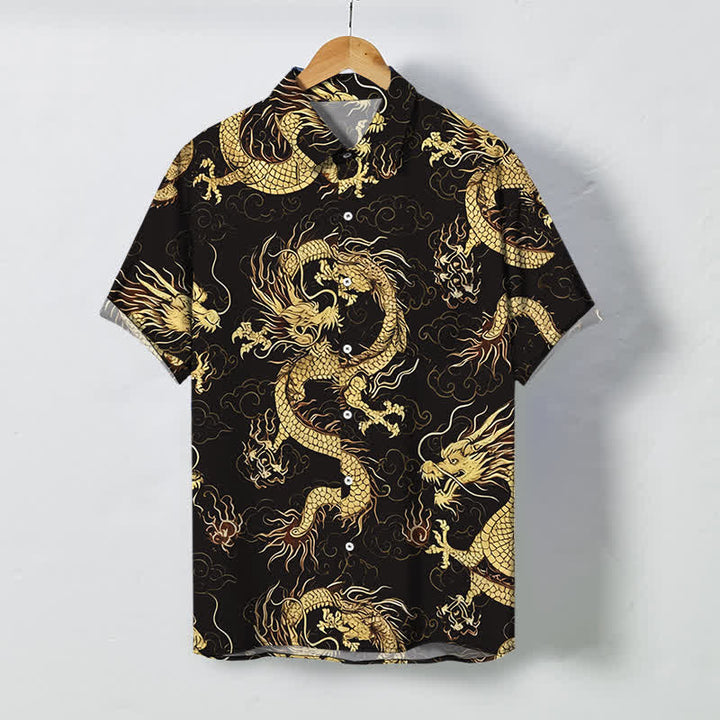 Buddha Stones Koszula męska z krótkim rękawem, odporna na zagniecenia, z guzikami w kształcie chmurki ze złotym smokiem - SaddleBrown - US/UK/AU48， EU58 (4XL) - image 0
