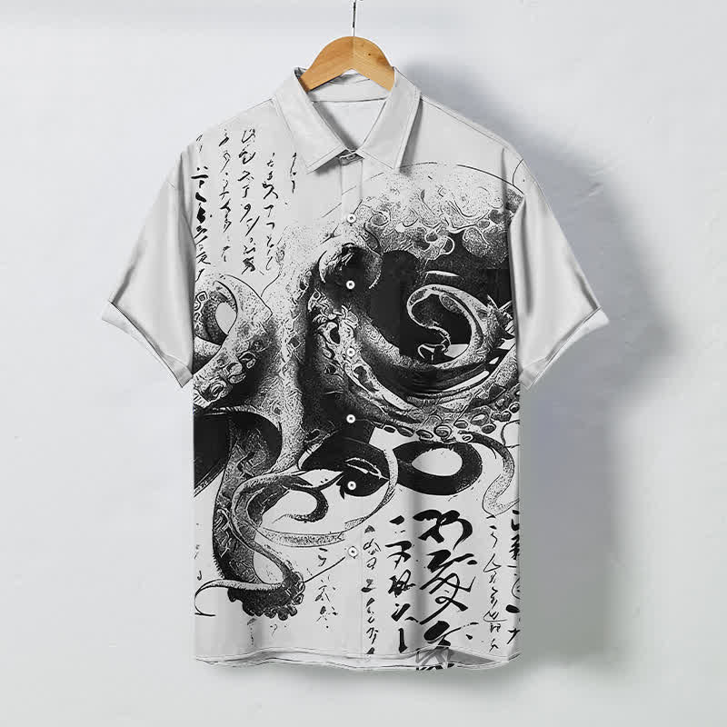 Buddha Stones Koszula męska z krótkim rękawem, odporna na zagniecenia, z guzikami w japońskim wzorze kaligrafii ośmiornicy - Gainsboro - US/UK/AU48， EU58 (4XL) - image 6