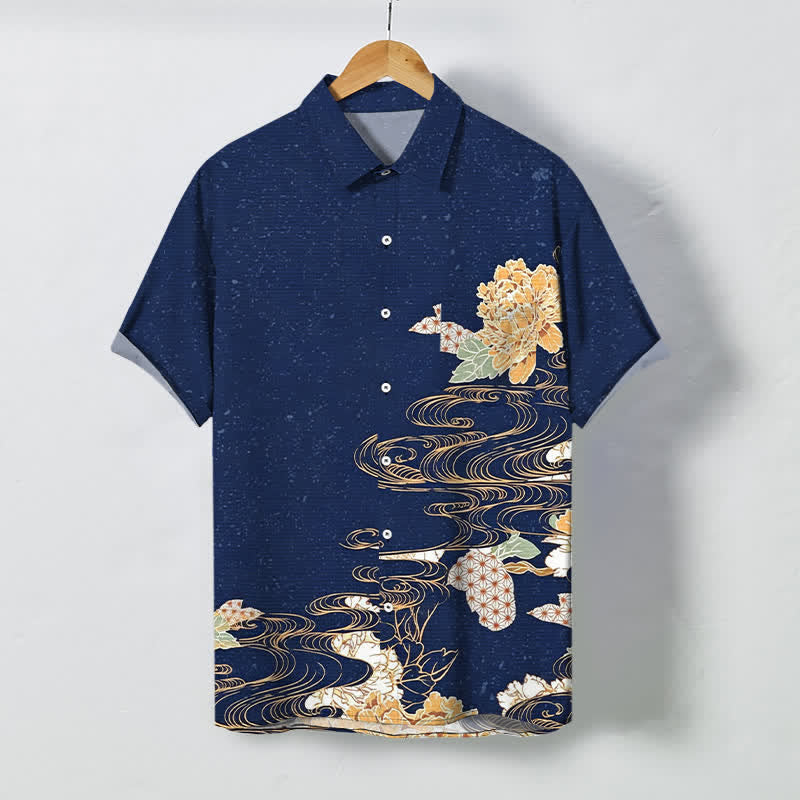 Buddha Stones Koszula męska z krótkim rękawem, oddychająca, z falami i wzorem chmur Lotus Wave - Marynarka wojenna - US/UK/AU48， EU58 (4XL) - image 0
