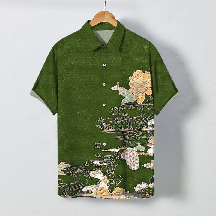 Buddha Stones Koszula męska z krótkim rękawem, oddychająca, z falami i wzorem chmur Lotus Wave - DarkOliveGreen - US/UK/AU48， EU58 (4XL) - image 5