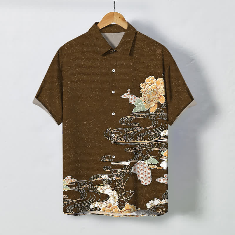 Buddha Stones Koszula męska z krótkim rękawem, oddychająca, z falami i wzorem chmur Lotus Wave - SaddleBrown - US/UK/AU48， EU58 (4XL) - image 10