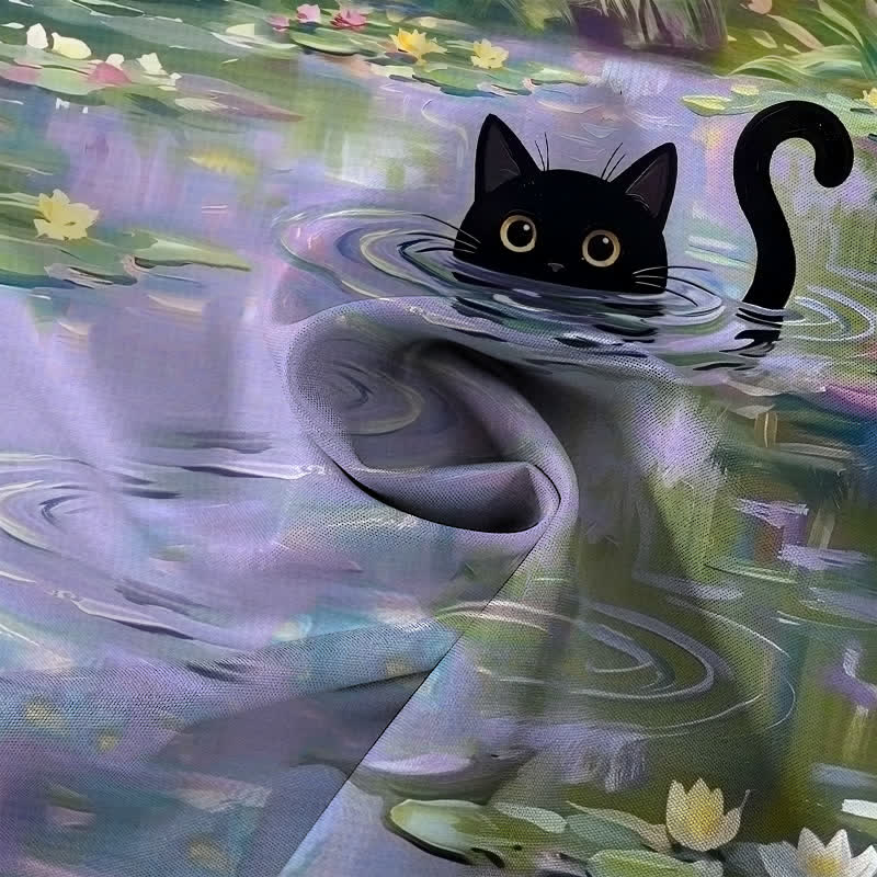 Buddha Stones Koszula męska z krótkim rękawem, oddychająca, z guzikami i wzorem „Water Lily Black Cat” - image 2