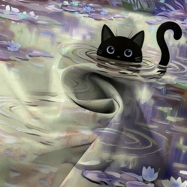 Buddha Stones Koszula męska z krótkim rękawem, oddychająca, z guzikami i wzorem „Water Lily Black Cat” - image 5