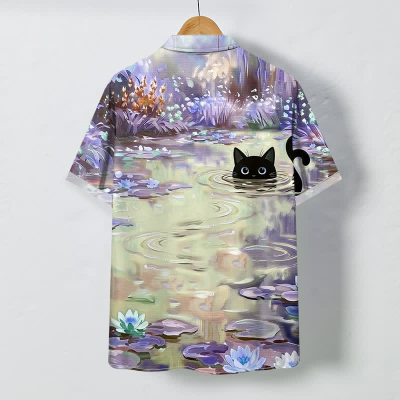 Buddha Stones Koszula męska z krótkim rękawem, oddychająca, z guzikami i wzorem „Water Lily Black Cat” - Beżowy - US/UK/AU48， EU58 (4XL) - image 4
