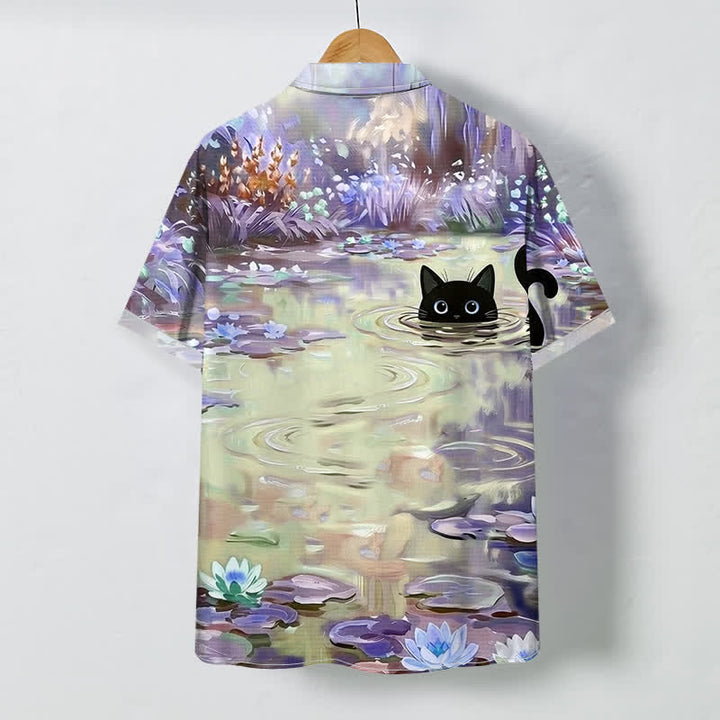 Buddha Stones Koszula męska z krótkim rękawem, oddychająca, z guzikami i wzorem „Water Lily Black Cat” - Beżowy - US/UK/AU48， EU58 (4XL) - image 4