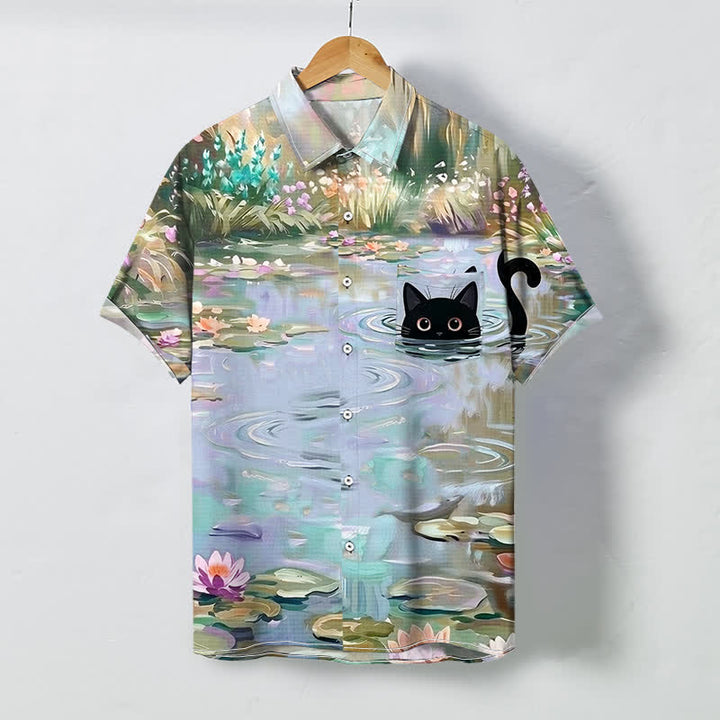Buddha Stones Koszula męska z krótkim rękawem, oddychająca, z guzikami i wzorem „Water Lily Black Cat” - LightSteelBlue - US/UK/AU48， EU58 (4XL) - image 6