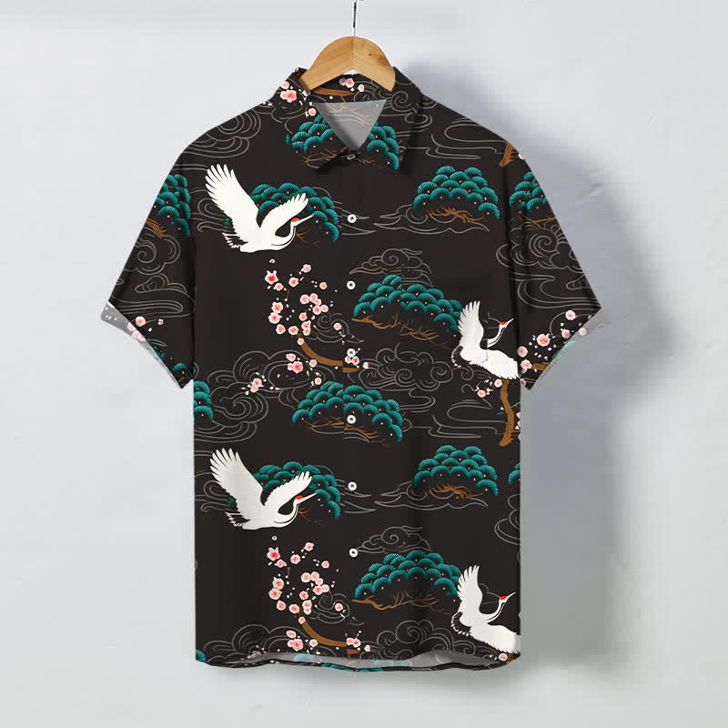 Buddha Stones Koszula męska z krótkim rękawem, oddychająca, z guzikami i wzorem w kwiaty sosny i żurawia - SaddleBrown - US/UK/AU48， EU58 (4XL) - image 0