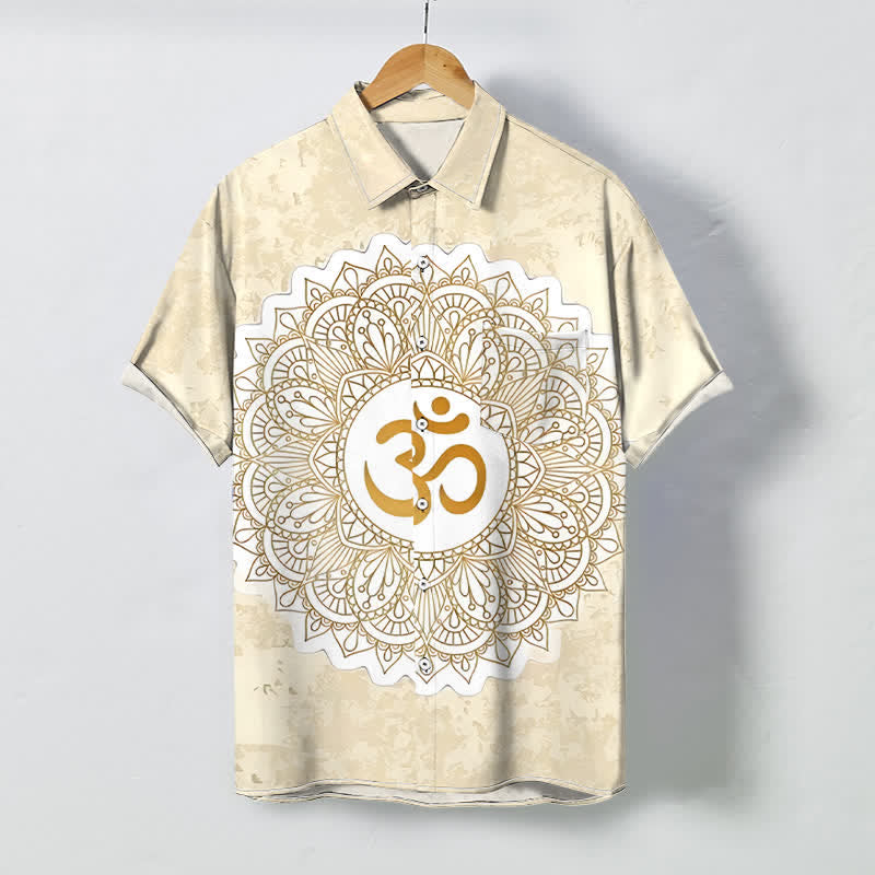 Buddha Stones Koszula męska z krótkim rękawem, oddychająca, z guzikami w kształcie mandali Om - Beżowy - US/UK/AU48， EU58 (4XL) - image 0