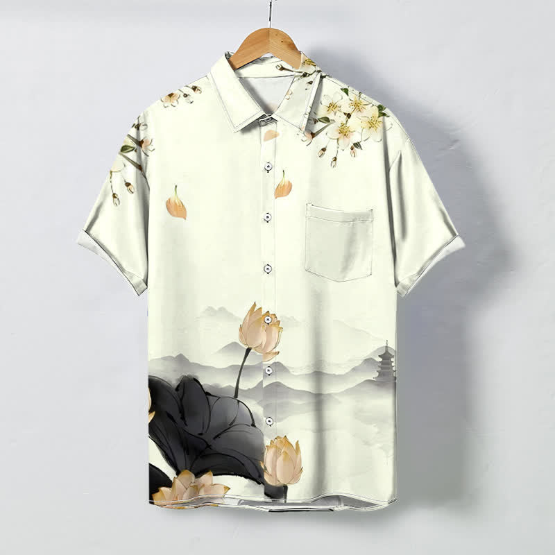 Buddha Stones Koszula męska z krótkim rękawem, odporna na zagniecenia, z guzikami w kształcie pagody góry lotosu - Jedwab kukurydziany - US/UK/AU48， EU58 (4XL) - image 3