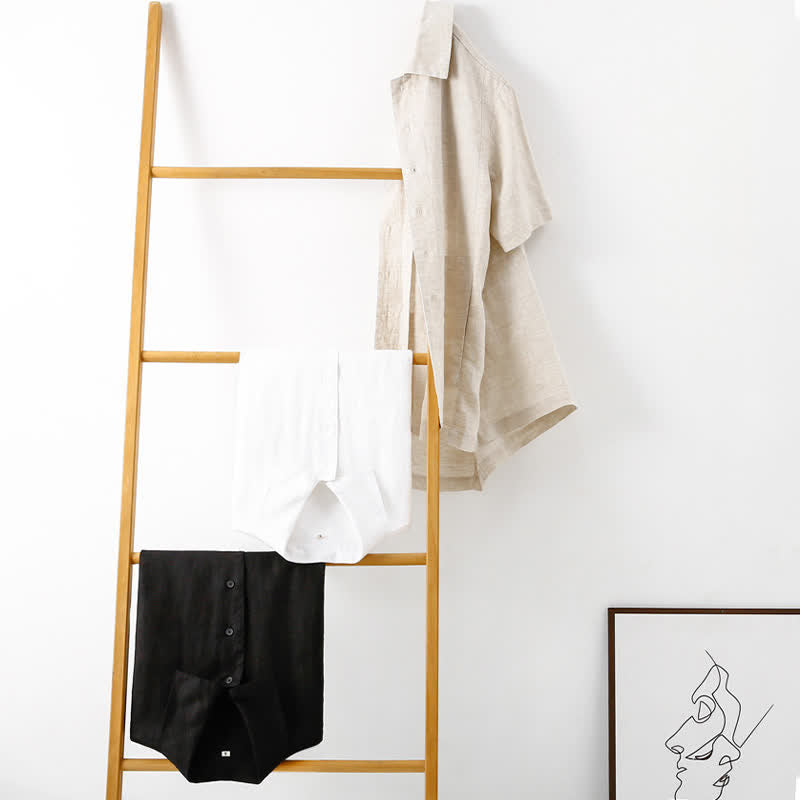 Buddha Stones Letnie, minimalistyczne koszule męskie z krótkim rękawem i kieszenią, z bawełny i lnu, zapinane na guziki - image 24