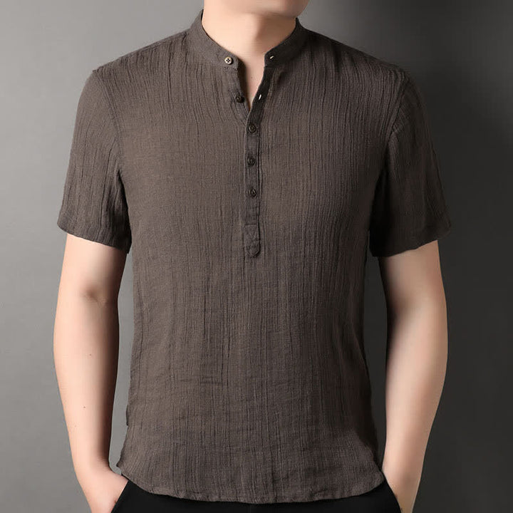 Buddha Stones Letnie, swobodne koszule męskie z krótkim rękawem w stylu Tang, z kołnierzykiem stójkowym, z porządnego lnu - SaddleBrown - US/UK/AU44， EU54 (4XL) - image 12