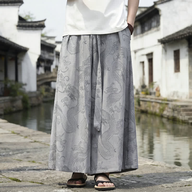 Buddha Stones Letnie, swobodne spodnie męskie w stylu Tang ze ściągaczem i szerokimi nogawkami Dragon Ankle - Szary - US/UK/AU46， EU56 (5XL) - image 25
