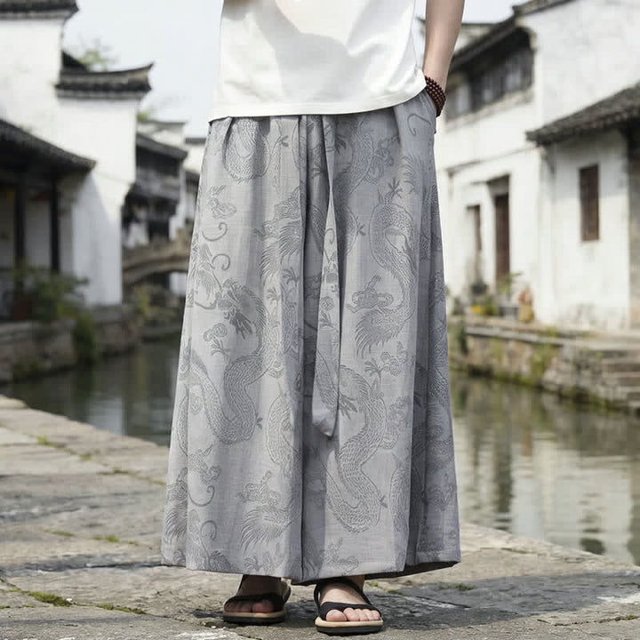 Buddha Stones Letnie, swobodne spodnie męskie w stylu Tang ze ściągaczem i szerokimi nogawkami Dragon Ankle - Szary - US/UK/AU46， EU56 (5XL) - image 25