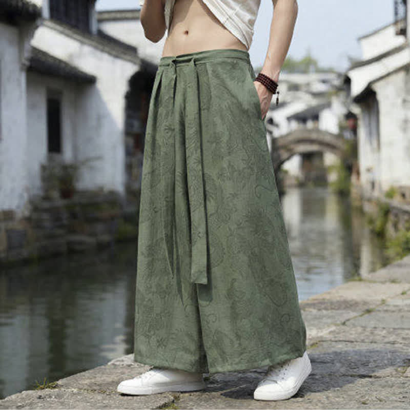 Buddha Stones Letnie, swobodne spodnie męskie w stylu Tang ze ściągaczem i szerokimi nogawkami Dragon Ankle - Oliwka - US/UK/AU46， EU56 (5XL) - image 0