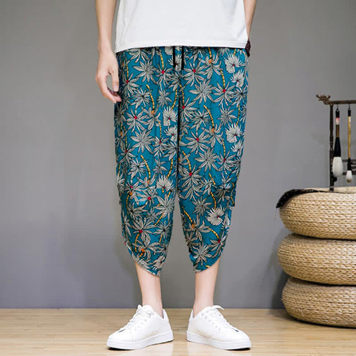 Buddha Stones Letnie, swobodne spodnie capri w stylu boho ze ściągaczem i kwiatowym wzorem, męskie spodnie haremowe z kieszenią - image 13