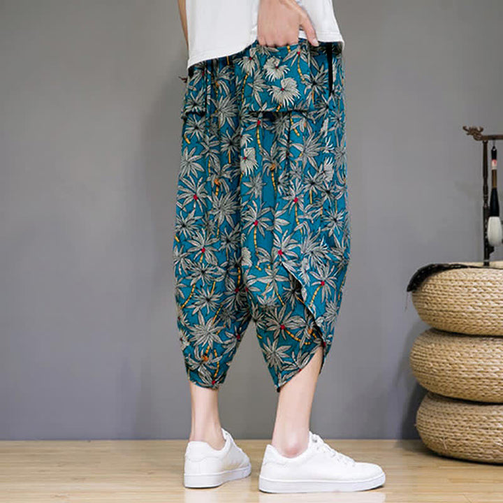 Buddha Stones Letnie, swobodne spodnie capri w stylu boho ze ściągaczem i kwiatowym wzorem, męskie spodnie haremowe z kieszenią - image 16