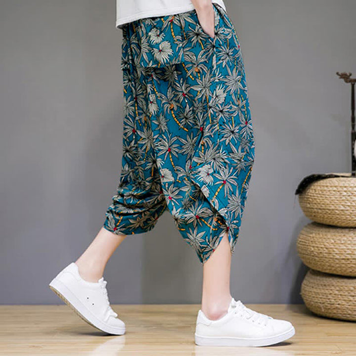 Buddha Stones Letnie, swobodne spodnie capri w stylu boho ze ściągaczem i kwiatowym wzorem, męskie spodnie haremowe z kieszenią - image 15
