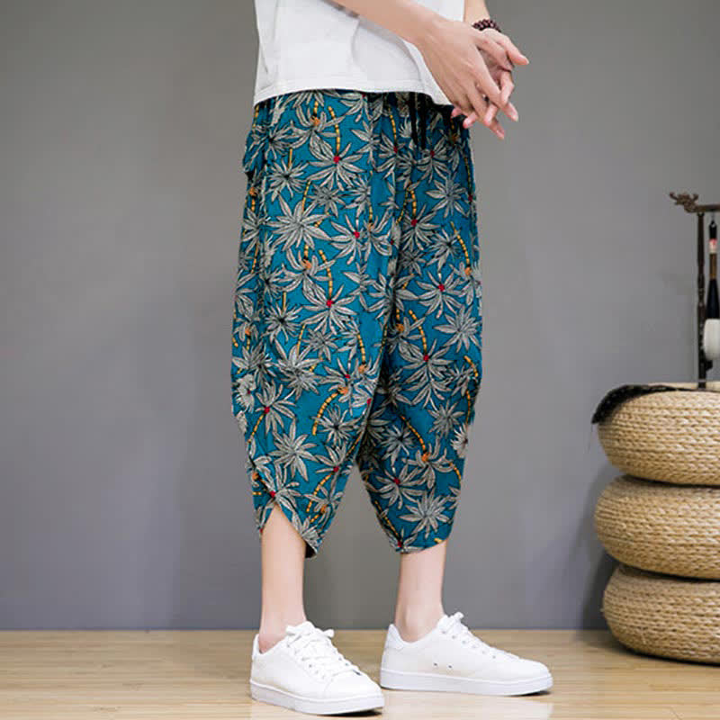Buddha Stones Letnie, swobodne spodnie capri w stylu boho ze ściągaczem i kwiatowym wzorem, męskie spodnie haremowe z kieszenią - image 14