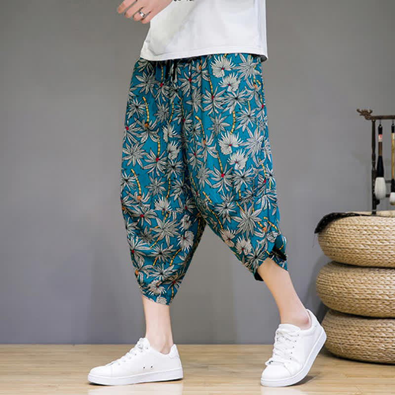 Buddha Stones Letnie, swobodne spodnie capri w stylu boho ze ściągaczem i kwiatowym wzorem, męskie spodnie haremowe z kieszenią - image 18