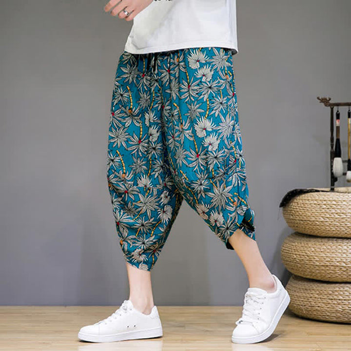 Buddha Stones Letnie, swobodne spodnie capri w stylu boho ze ściągaczem i kwiatowym wzorem, męskie spodnie haremowe z kieszenią - image 18