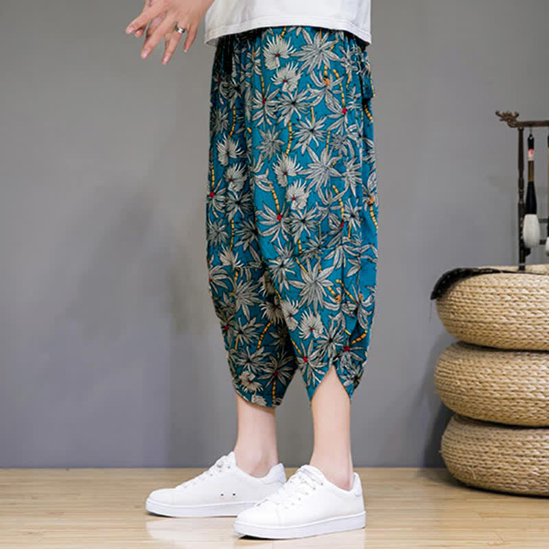 Buddha Stones Letnie, swobodne spodnie capri w stylu boho ze ściągaczem i kwiatowym wzorem, męskie spodnie haremowe z kieszenią - image 17