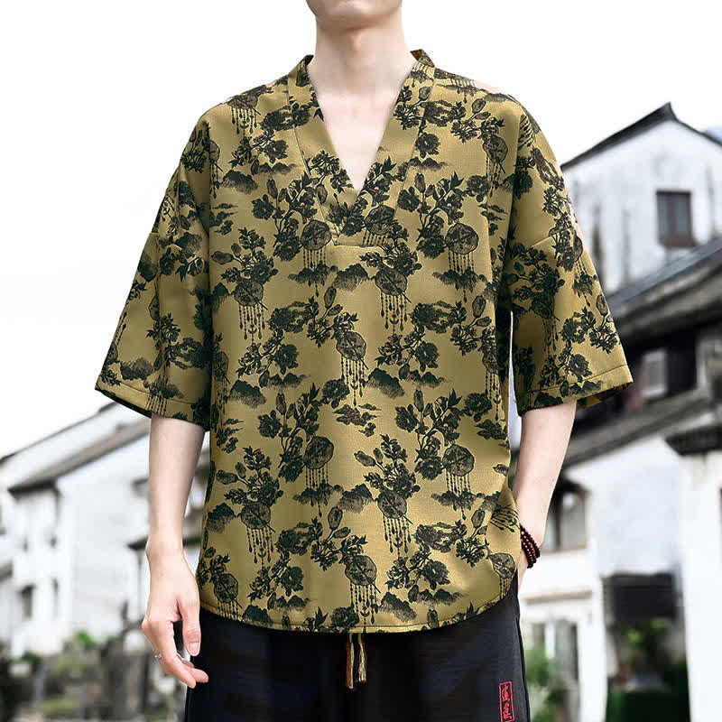 Buddha Stones Letnie, swobodne, męskie koszulki z krótkim rękawem w stylu Tang z kwiatowym wzorem i dekoltem w serek - Ciemny Khaki - US/UK/AU46, EU56 (5XL) - image 11