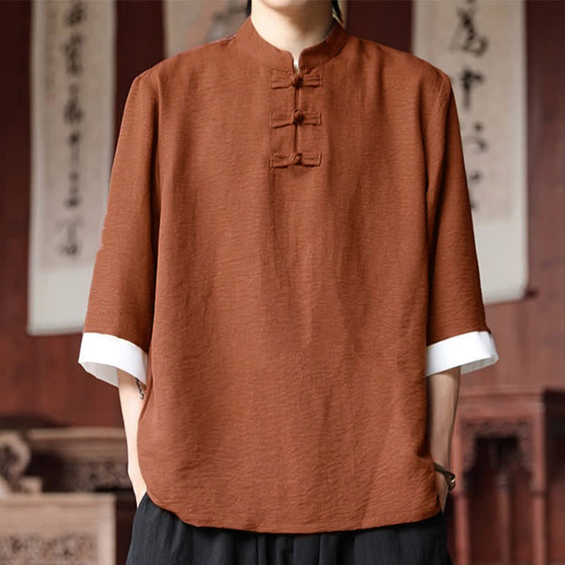 Buddha Stones Koszule męskie w stylu letnich Tang w stylu vintage z kołnierzykiem mandaryńskim i guzikami typu żaba, z rękawami do łokcia - Czekolada - US/UK/AU46, EU56 (5XL) - image 19