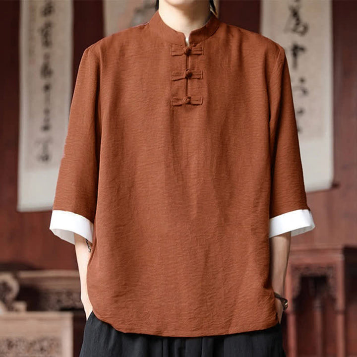 Buddha Stones Koszule męskie w stylu letnich Tang w stylu vintage z kołnierzykiem mandaryńskim i guzikami typu żaba, z rękawami do łokcia - Czekolada - US/UK/AU46, EU56 (5XL) - image 19