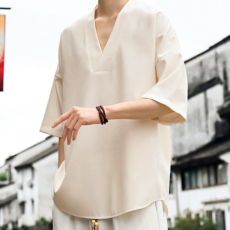 Buddha Stones Letnie, minimalistyczne, casualowe, męskie koszulki z krótkim rękawem i rozcięciami po bokach - image 3