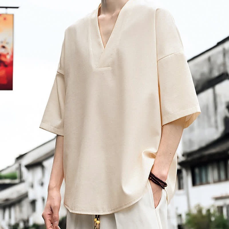 Buddha Stones Letnie, minimalistyczne, casualowe, męskie koszulki z krótkim rękawem i rozcięciami po bokach - Beżowy - US/UK/AU46, EU56 (5XL) - image 0