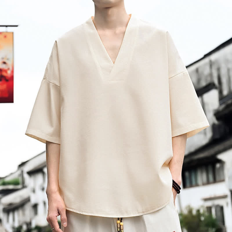 Buddha Stones Letnie, minimalistyczne, casualowe, męskie koszulki z krótkim rękawem i rozcięciami po bokach - image 1