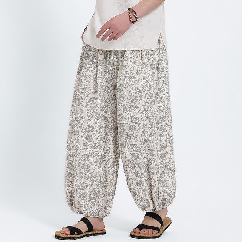 Buddha Stones Letnie spodnie capri w stylu boho, swobodne, ściągane sznurkiem, wzór paisley, męskie, haremowe, z kieszenią - Biały - US/UK/AU46, EU56 (5XL) - image 21