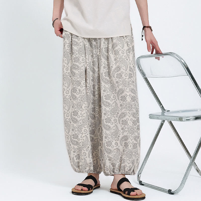 Buddha Stones Letnie spodnie capri w stylu boho, swobodne, ściągane sznurkiem, wzór paisley, męskie, haremowe, z kieszenią - image 27