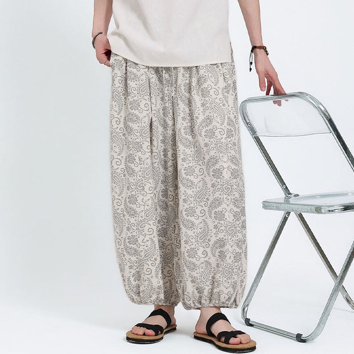 Buddha Stones Letnie spodnie capri w stylu boho, swobodne, ściągane sznurkiem, wzór paisley, męskie, haremowe, z kieszenią - image 27