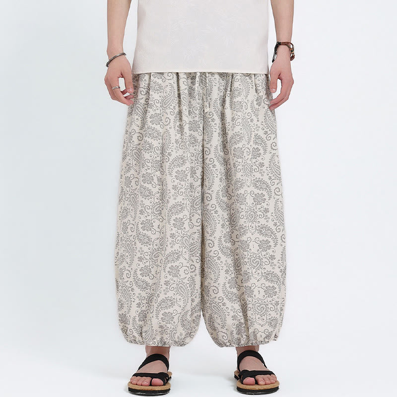 Buddha Stones Letnie spodnie capri w stylu boho, swobodne, ściągane sznurkiem, wzór paisley, męskie, haremowe, z kieszenią - image 22
