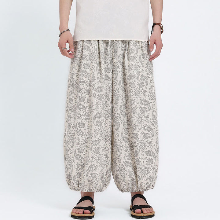Buddha Stones Letnie spodnie capri w stylu boho, swobodne, ściągane sznurkiem, wzór paisley, męskie, haremowe, z kieszenią - image 22