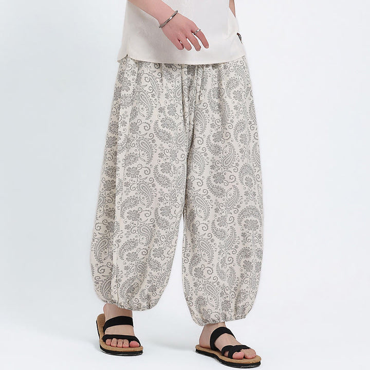 Buddha Stones Letnie spodnie capri w stylu boho, swobodne, ściągane sznurkiem, wzór paisley, męskie, haremowe, z kieszenią - image 23