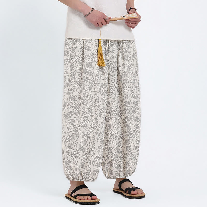 Buddha Stones Letnie spodnie capri w stylu boho, swobodne, ściągane sznurkiem, wzór paisley, męskie, haremowe, z kieszenią - image 25