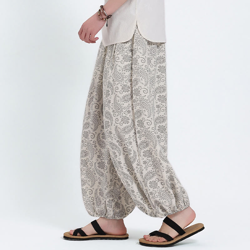 Buddha Stones Letnie spodnie capri w stylu boho, swobodne, ściągane sznurkiem, wzór paisley, męskie, haremowe, z kieszenią - image 24