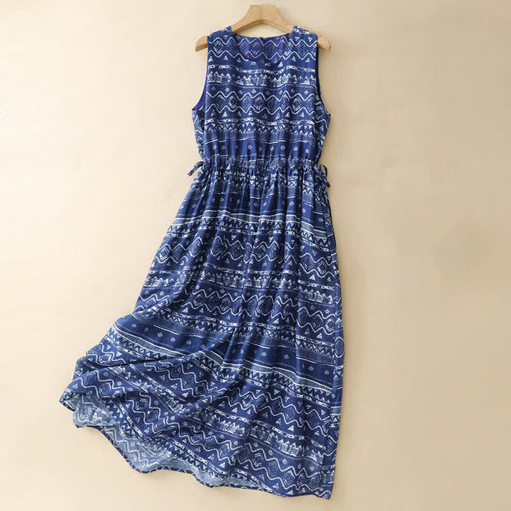 Buddha Stones Letnia sukienka damska w stylu boho casual w kolorze niebieskim, falistym, geometrycznym, bez rękawów i z kieszenią - Ciemnoniebieski - US12, UK/AU16, EU44 (2XL) - image 0