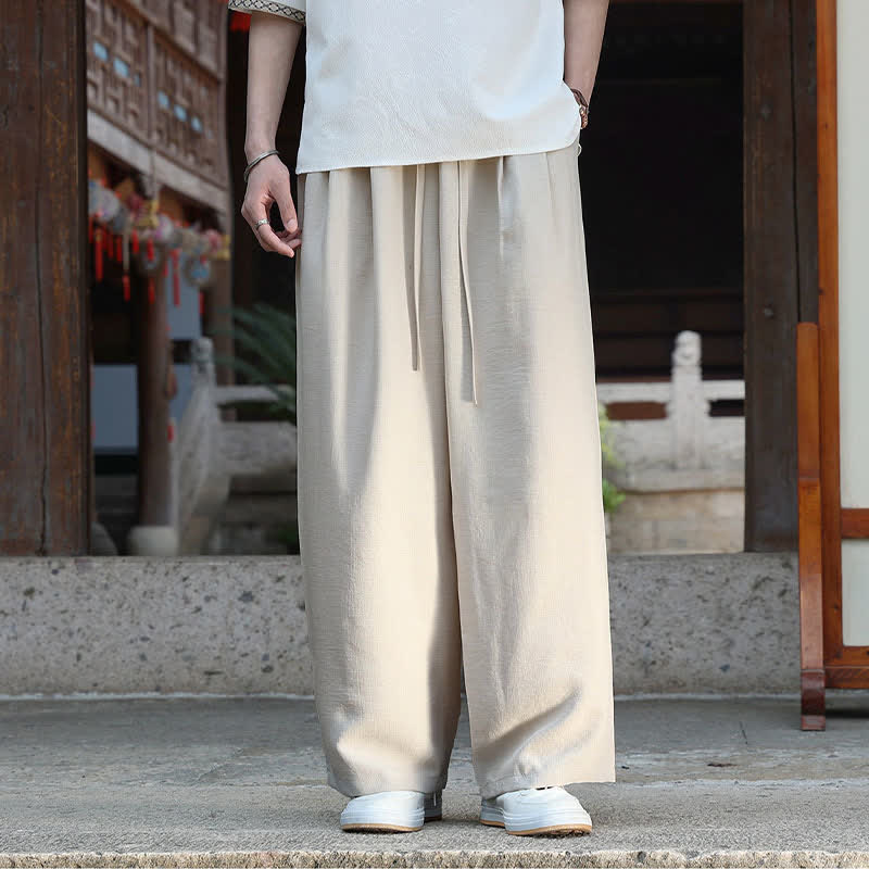 Buddha Stones Letnie, swobodne, minimalistyczne spodnie męskie z prostą nogawką i elastyczną talią, ściągaczem i kieszenią - image 3