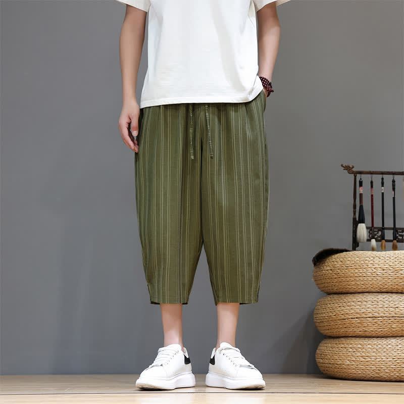 Buddha Stones Letnie, swobodne spodnie capri w paski i ściągacze, męskie spodnie haremowe z kieszeniami - DarkOliveGreen - US/UK/AU46, EU56 (5XL) - image 26