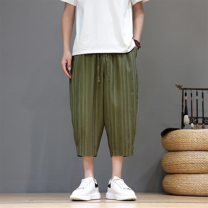 Buddha Stones Letnie, swobodne spodnie capri w paski i ściągacze, męskie spodnie haremowe z kieszeniami - DarkOliveGreen - US/UK/AU46, EU56 (5XL) - image 26