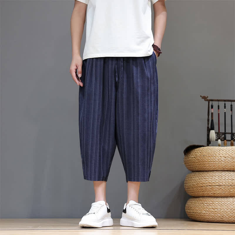 Buddha Stones Letnie, swobodne spodnie capri w paski i ściągacze, męskie spodnie haremowe z kieszeniami - Marynarka wojenna - US/UK/AU46, EU56 (5XL) - image 18