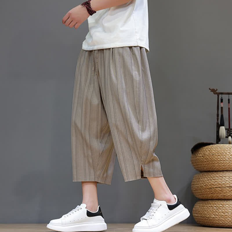 Buddha Stones Letnie, swobodne spodnie capri w paski i ściągacze, męskie spodnie haremowe z kieszeniami - image 2