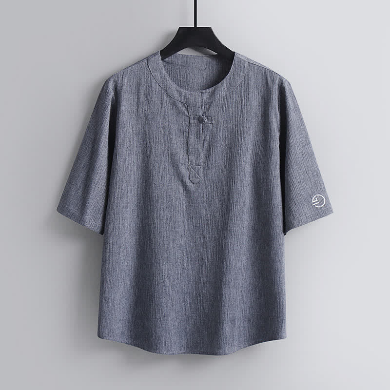 Buddha Stones Letnie koszule męskie w stylu Tang, z okrągłym dekoltem i krótkim rękawem, w stylu casual Pankou - Jasnoszary - US/UK/AU54， EU64 (9XL) - image 10