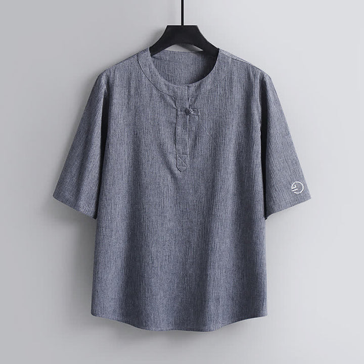 Buddha Stones Letnie koszule męskie w stylu Tang, z okrągłym dekoltem i krótkim rękawem, w stylu casual Pankou - Jasnoszary - US/UK/AU54， EU64 (9XL) - image 10