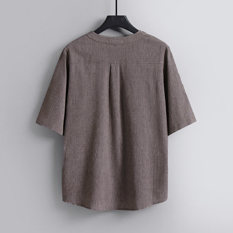 Buddha Stones Letnie koszule męskie w stylu Tang, z okrągłym dekoltem i krótkim rękawem, w stylu casual Pankou - image 1