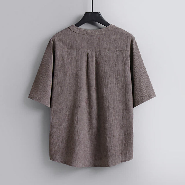 Buddha Stones Letnie koszule męskie w stylu Tang, z okrągłym dekoltem i krótkim rękawem, w stylu casual Pankou - image 1